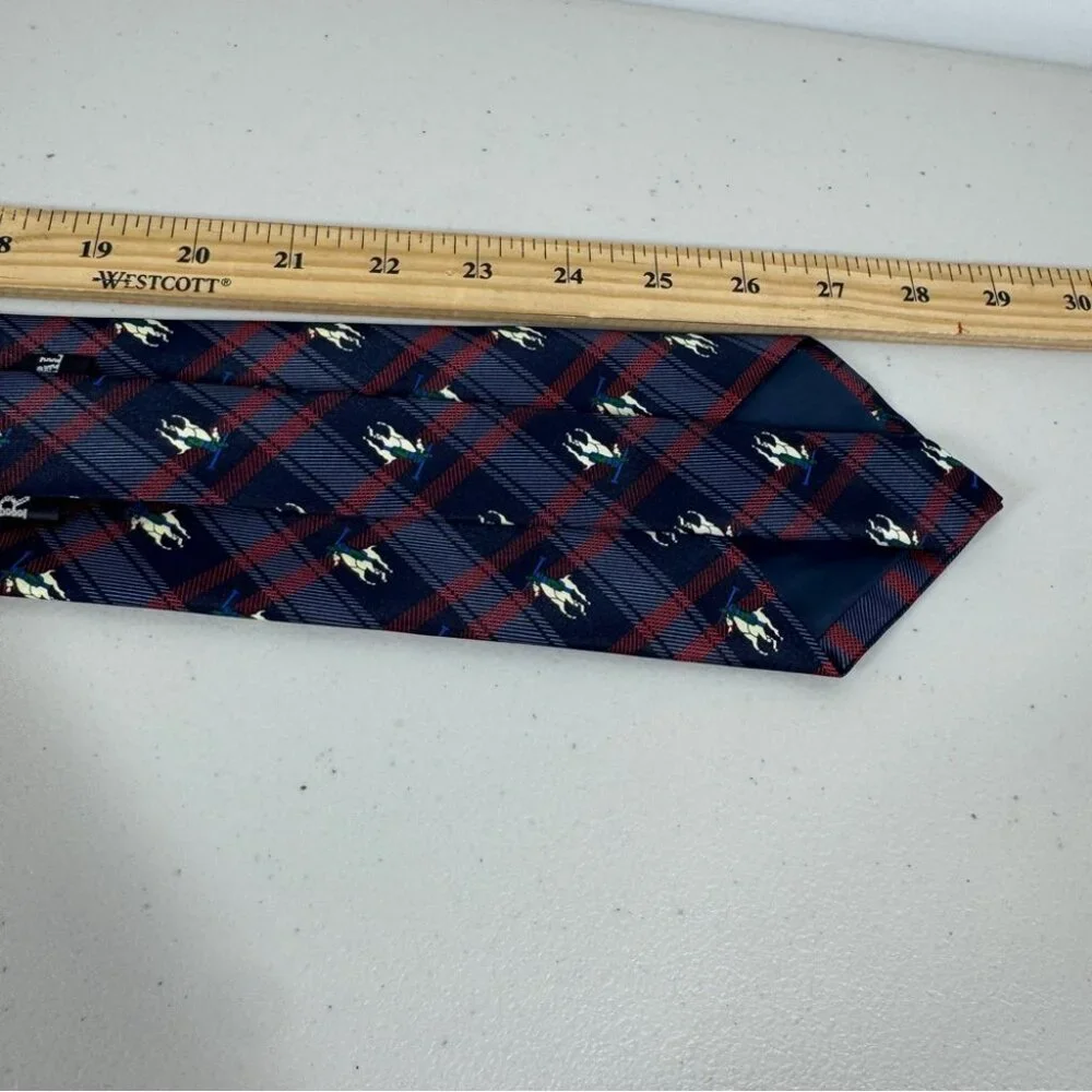René Chagal Silk Polo Horse Tie Navy Plaid Equestrian Designer Necktie - Picture 12 of 12
